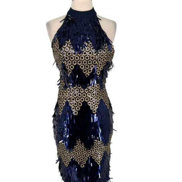 L'Atiste Metallic Halter Honeycomb Dress Blue Gold Size Large NWT - Picture 2 of 11